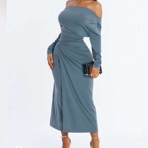 2 Elegant Off-Shoulder Blue Dresses / light blue and navy blue